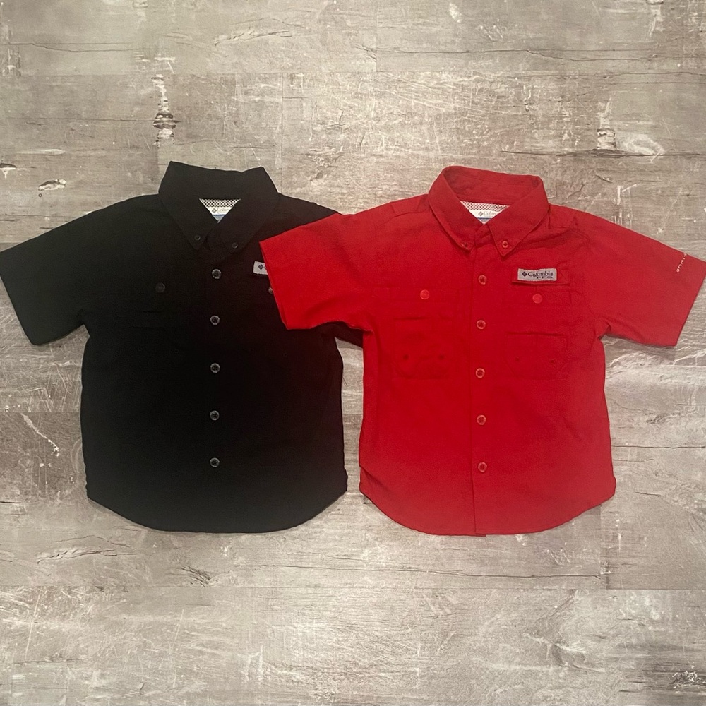 Bundle of 2 Boys XXS 4/5 Columbia PFG Short-Sleeve Button-Down Shirt Red & Black
